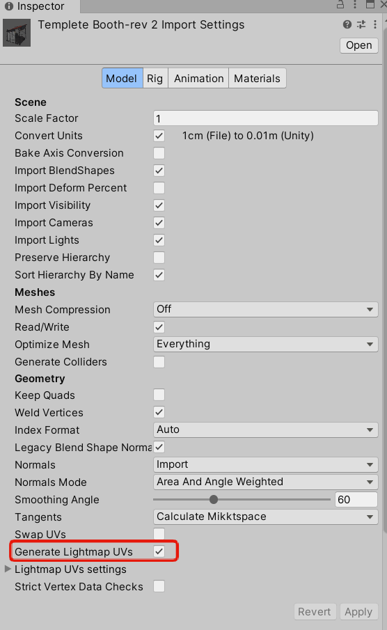 Generate Lightmap UVs 設定