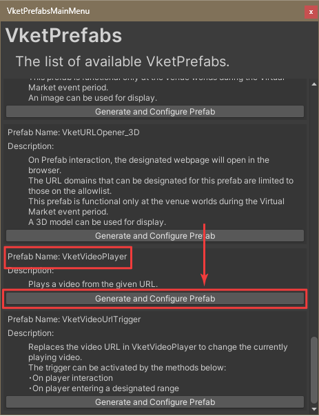 VketVideoPlayer Generate and Configure